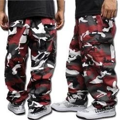 Red Camo Cargo Pants -Fashion-Military Uniform back and left side views red camo cargo pants male model