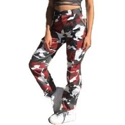 Red Camo Cargo Pants -Fashion-Military Uniform front view red camo cargo pants posing female model