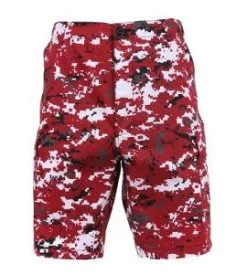 Red Digital Camo, Button Fly, 6 Pockets, Durable Cotton - Camo Shorts