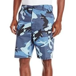 Camo Sky Blue, Adjustable Waist Tabs, Button Fly, Six Pockets - Camo Shorts -Fashion-Military Uniform sky blue camo bdu shorts 3